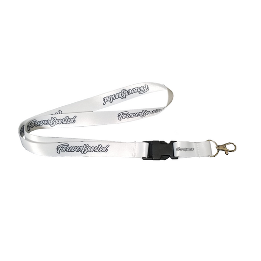 ForeverBoosted Lanyard - White with Black Buckle, Features "ForeverBoosted" Text, Ideal for holding keys, badges, and passes